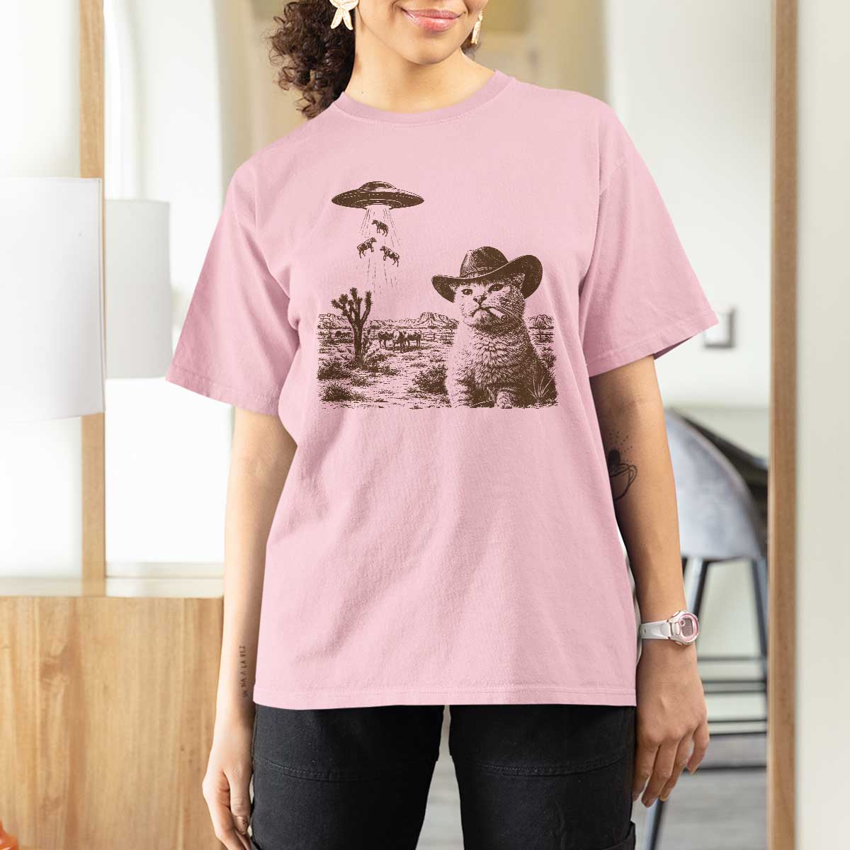 UFO Cowboy Cat T Shirt For Women Vintage Graphic Retro Western Rodeo
