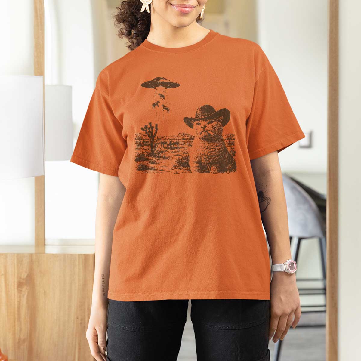 UFO Cowboy Cat T Shirt For Women Vintage Graphic Retro Western Rodeo
