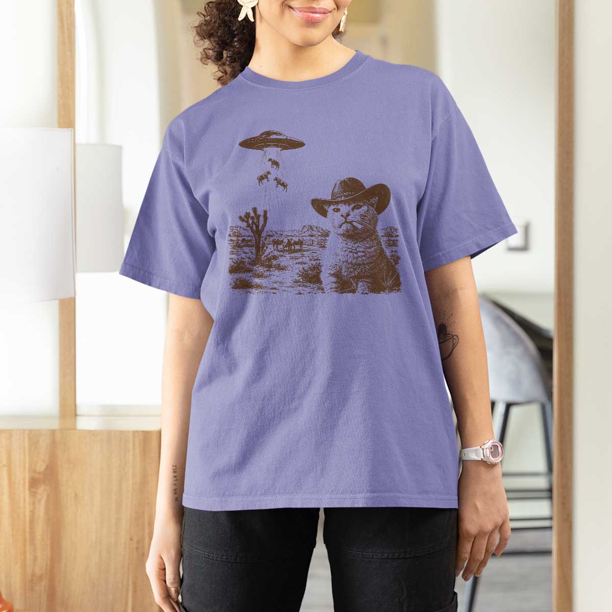 UFO Cowboy Cat T Shirt For Women Vintage Graphic Retro Western Rodeo