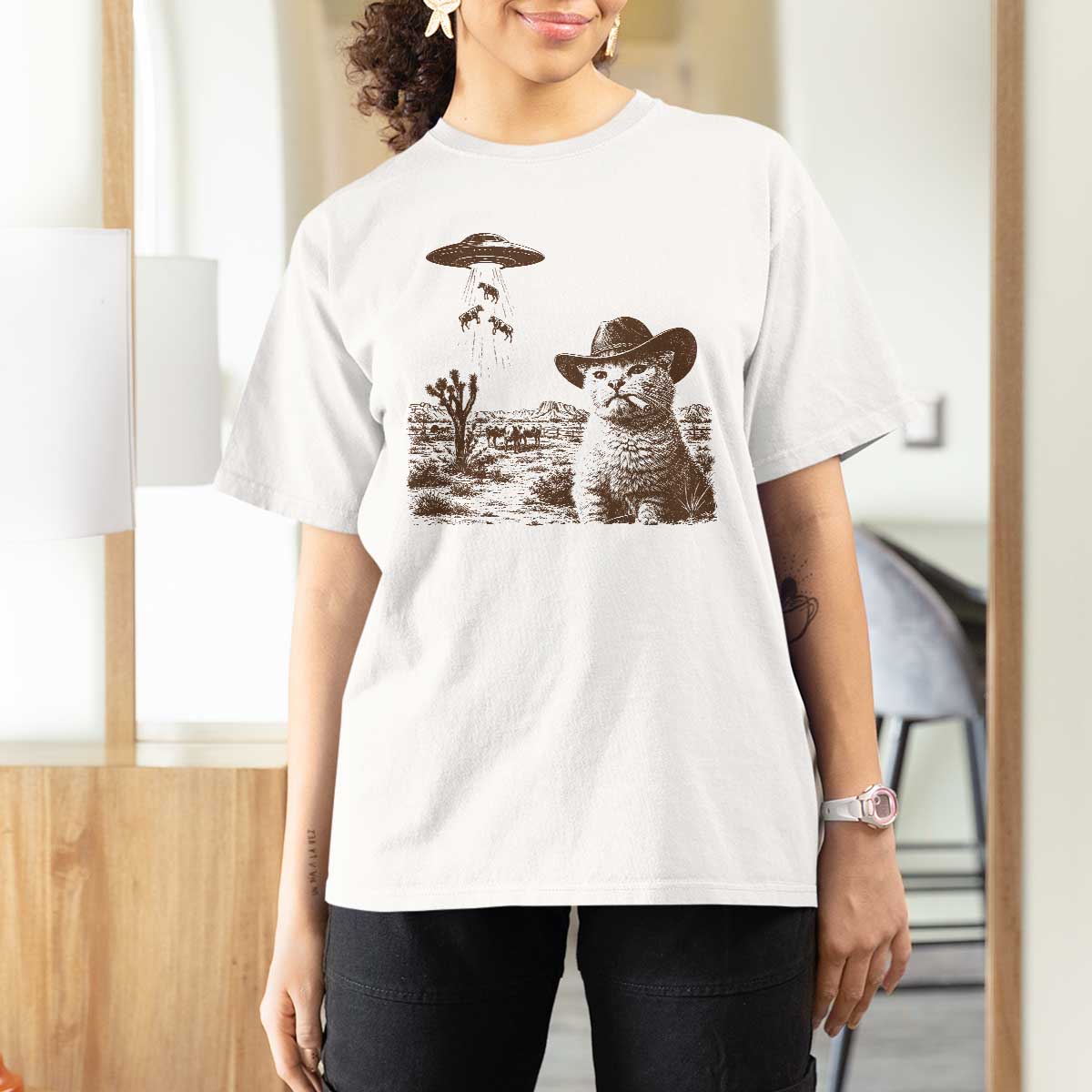 UFO Cowboy Cat T Shirt For Women Vintage Graphic Retro Western Rodeo