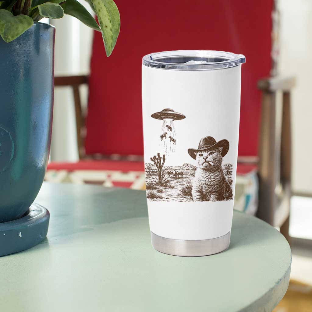 UFO Cowboy Cat Tumbler Cup Vintage Graphic Retro Western Rodeo