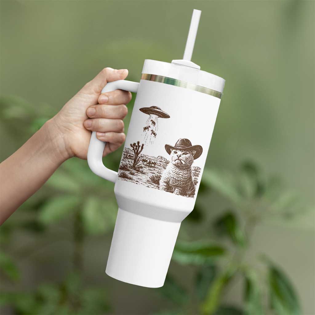 UFO Cowboy Cat Tumbler With Handle Vintage Graphic Retro Western Rodeo