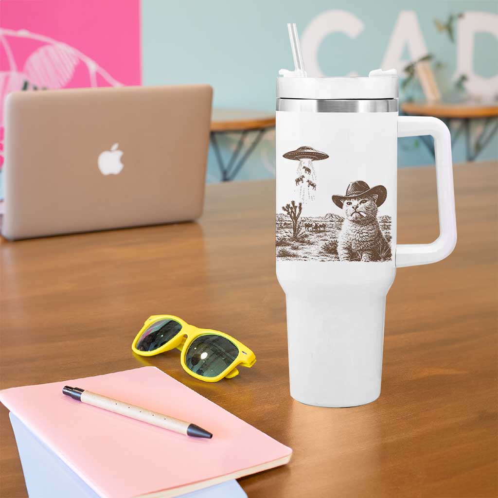 UFO Cowboy Cat Tumbler With Handle Vintage Graphic Retro Western Rodeo