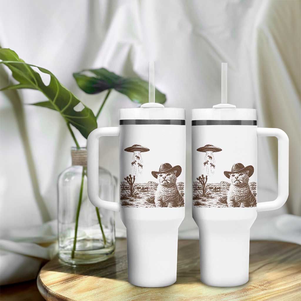 UFO Cowboy Cat Tumbler With Handle Vintage Graphic Retro Western Rodeo