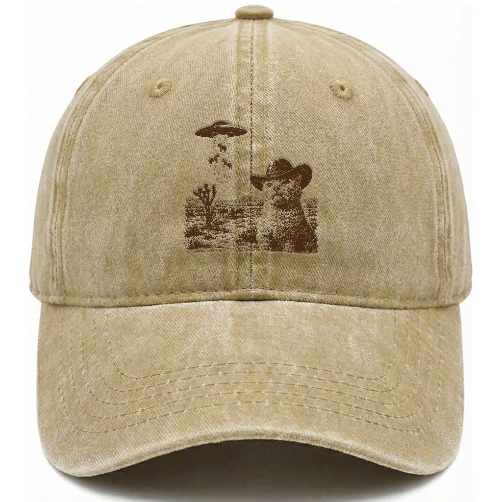 UFO Cowboy Cat Washed Cotton Baseball Cap Vintage Graphic Retro Western Rodeo