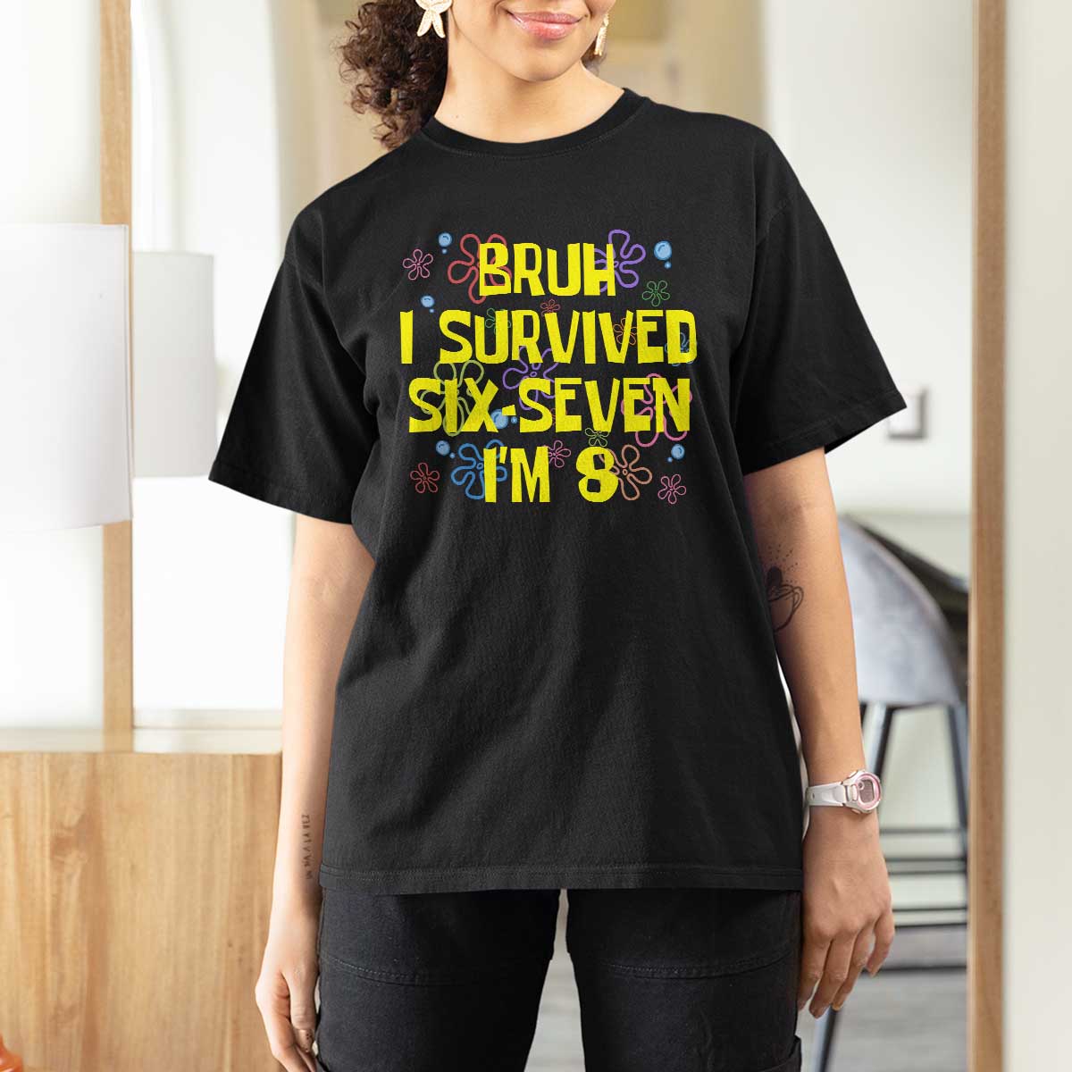 8th Birthday T Shirt For Women Im 8 Year Old Bruh I Survived 67 Colorful Bubble Flower