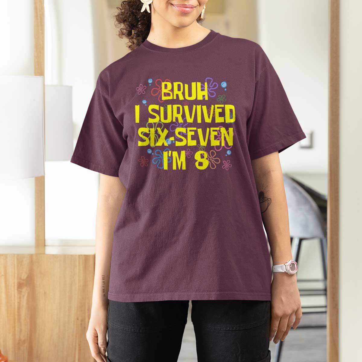 8th Birthday T Shirt For Women Im 8 Year Old Bruh I Survived 67 Colorful Bubble Flower