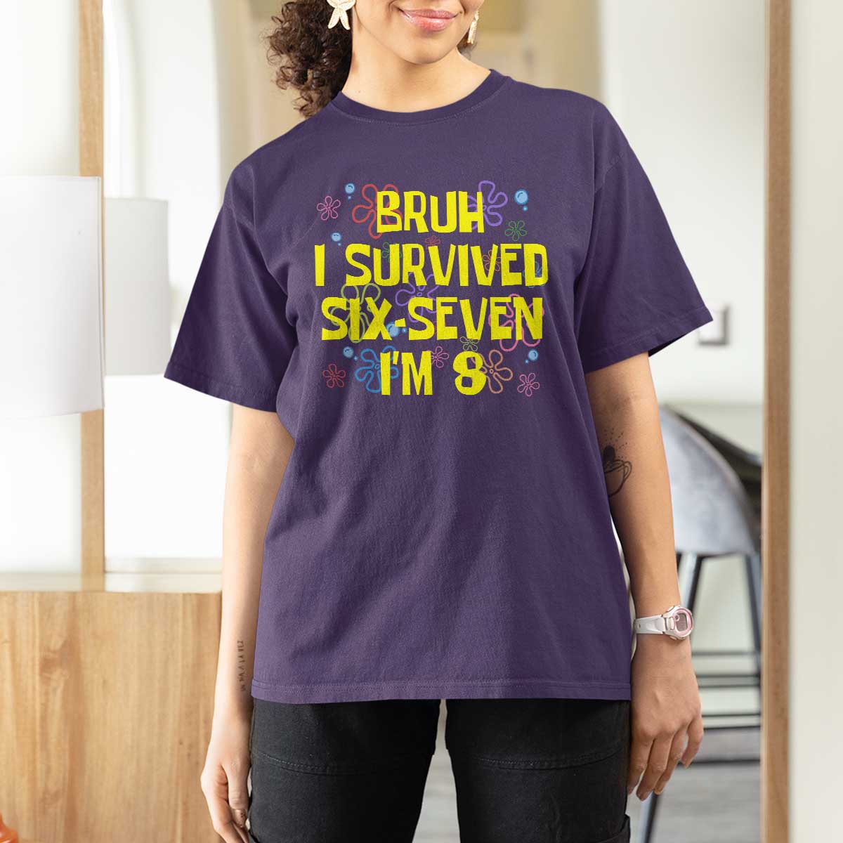 8th Birthday T Shirt For Women Im 8 Year Old Bruh I Survived 67 Colorful Bubble Flower