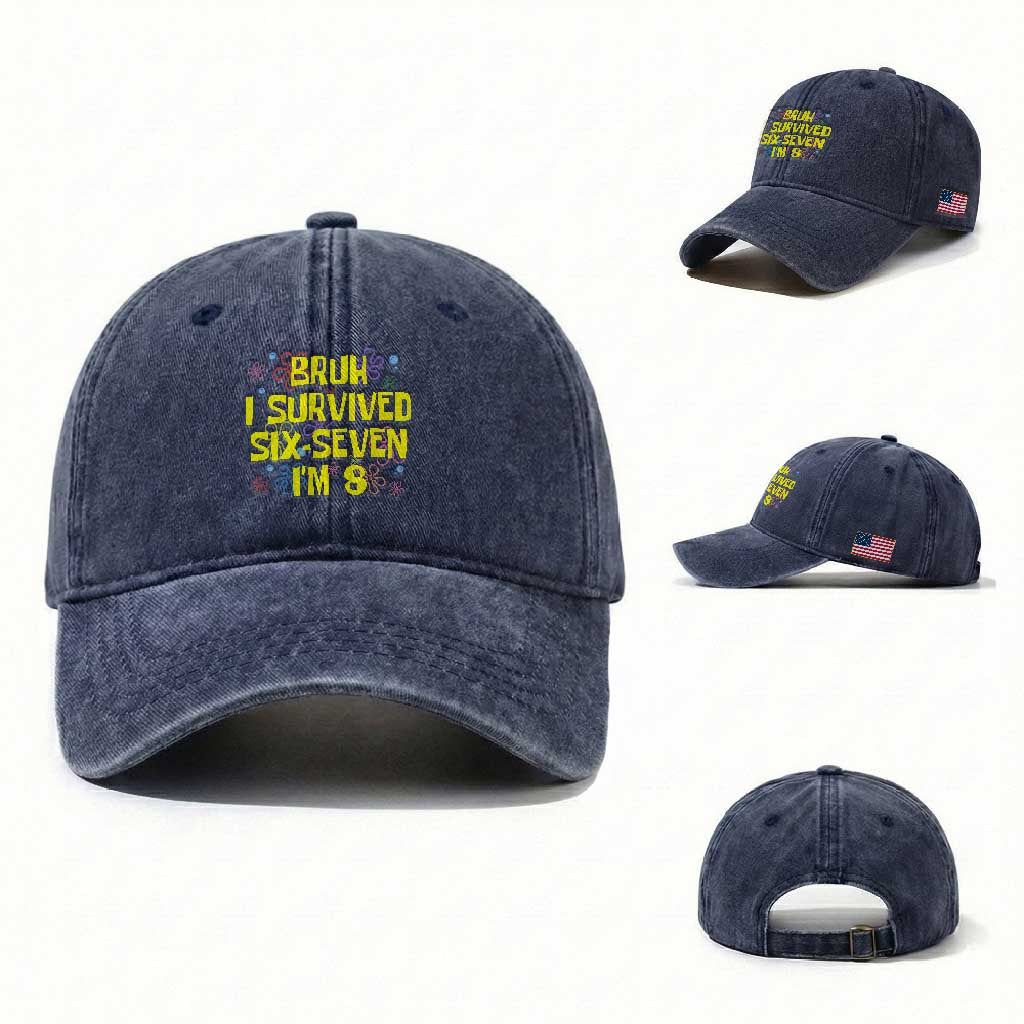 8th Birthday Washed Cotton Baseball Cap Im 8 Year Old Bruh I Survived 67 Colorful Bubble Flower