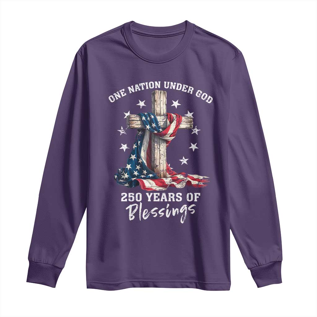 250th Anniversary USA Long Sleeve Shirt One Nation Under God US 250 Flag Cross 4th Of July