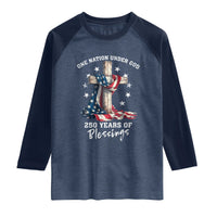 250th Anniversary USA Raglan Shirt One Nation Under God US 250 Flag Cross 4th Of July