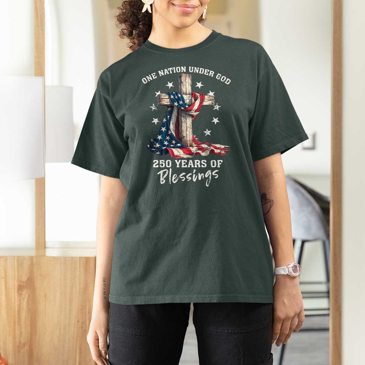 250th Anniversary USA T Shirt For Women One Nation Under God US 250 Flag Cross 4th Of July