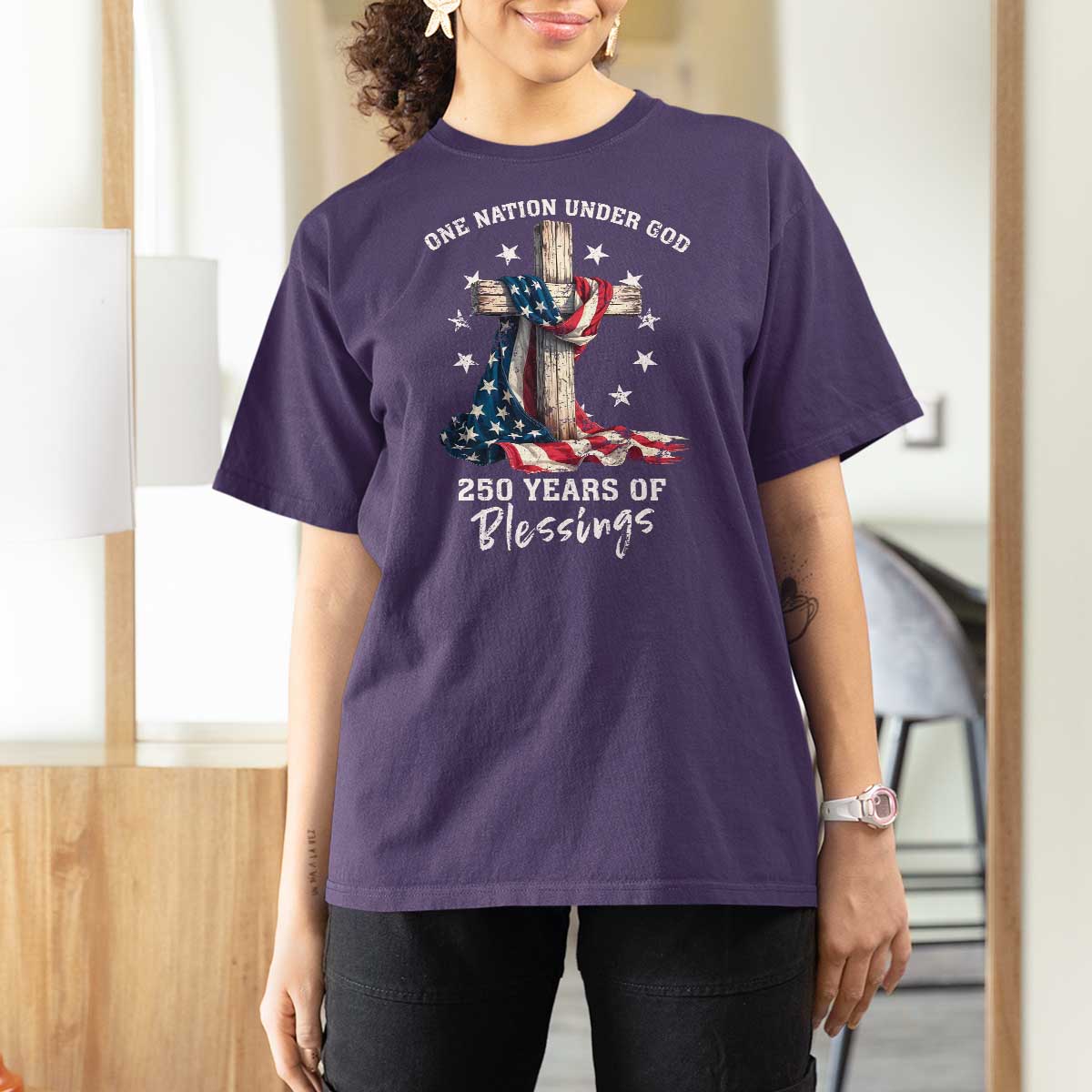250th Anniversary USA T Shirt For Women One Nation Under God US 250 Flag Cross 4th Of July