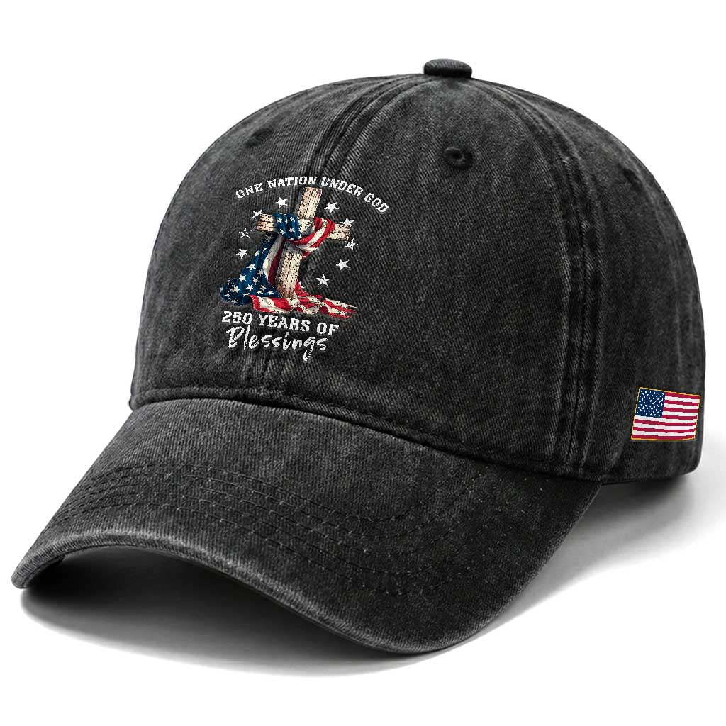 250th Anniversary USA Washed Cotton Baseball Cap One Nation Under God US 250 Flag Cross 4th Of July