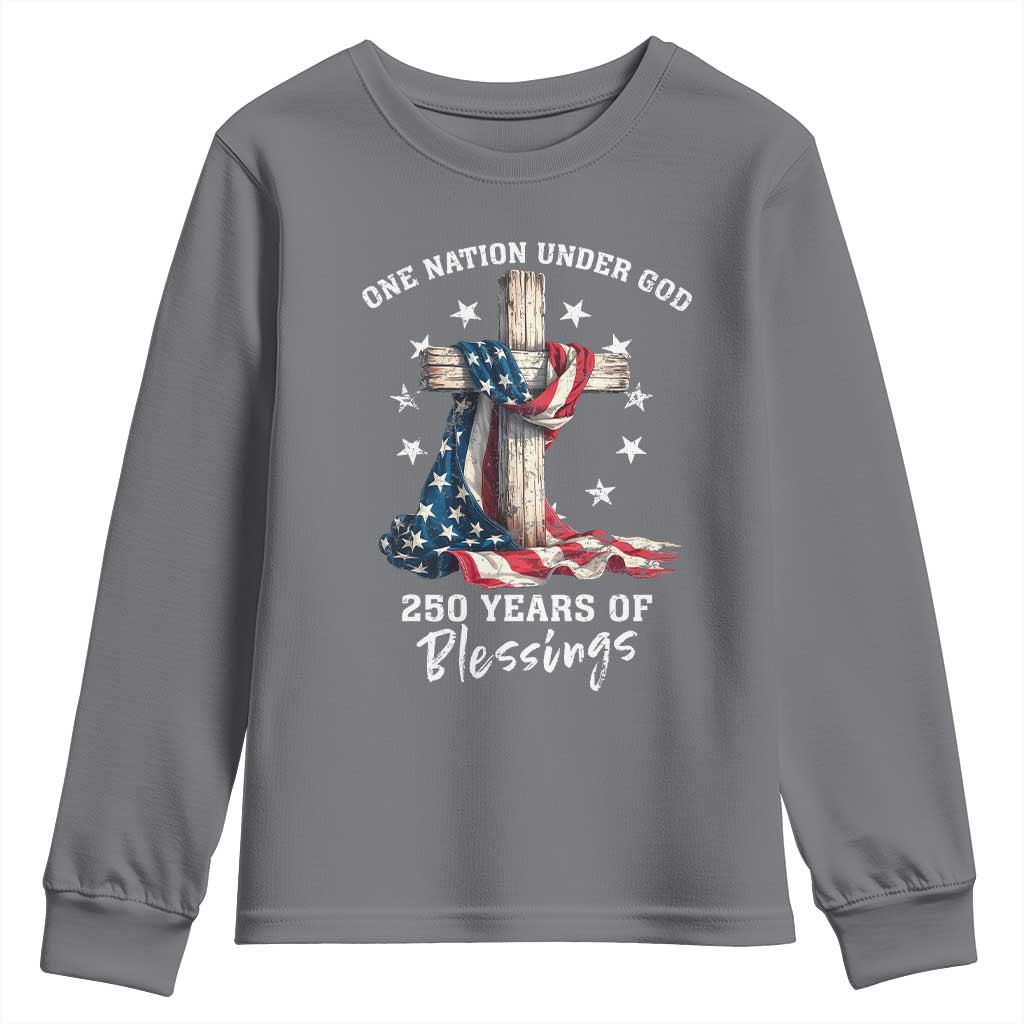 250th Anniversary USA Youth Sweatshirt One Nation Under God US 250 Flag Cross 4th Of July