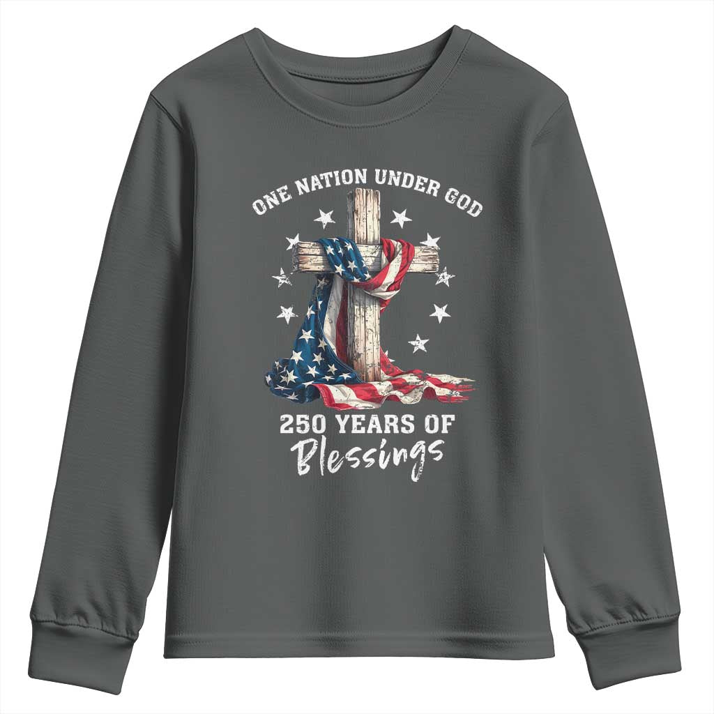 250th Anniversary USA Youth Sweatshirt One Nation Under God US 250 Flag Cross 4th Of July