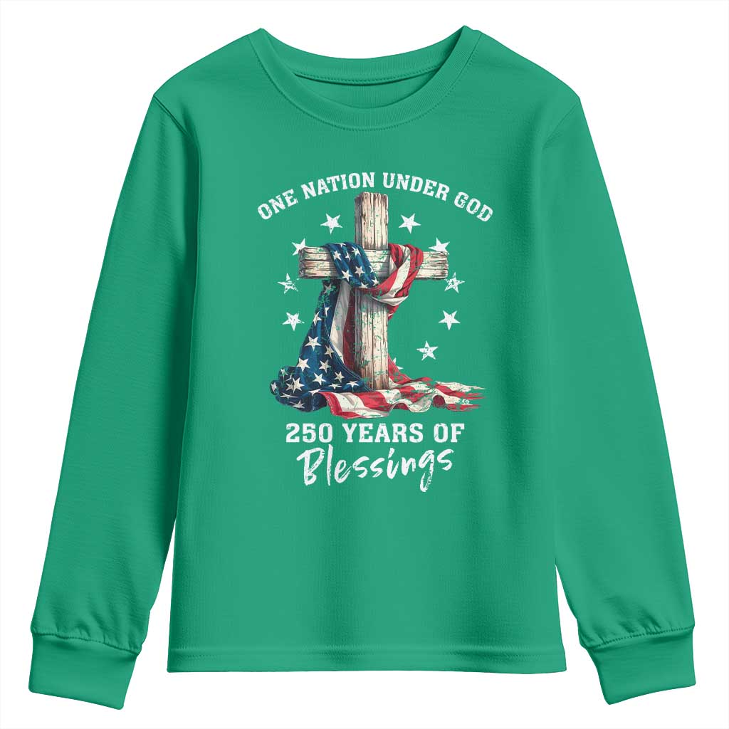 250th Anniversary USA Youth Sweatshirt One Nation Under God US 250 Flag Cross 4th Of July