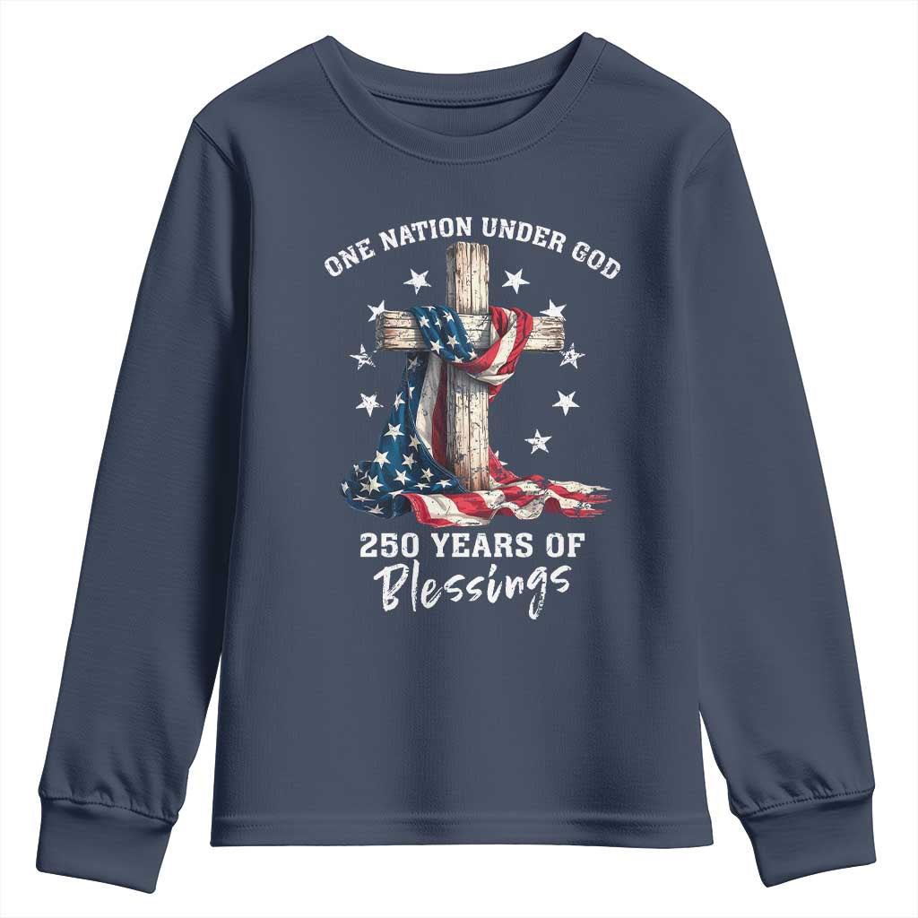 250th Anniversary USA Youth Sweatshirt One Nation Under God US 250 Flag Cross 4th Of July