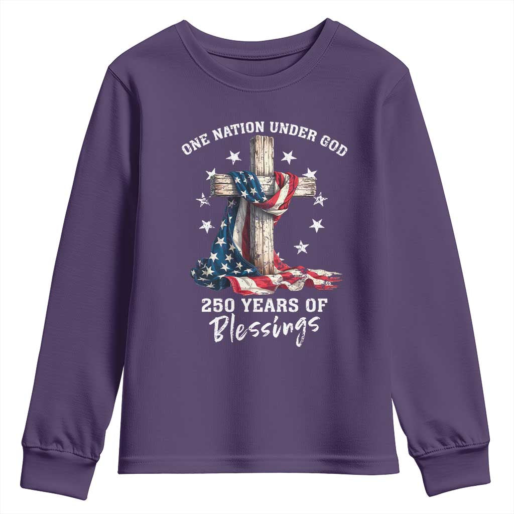 250th Anniversary USA Youth Sweatshirt One Nation Under God US 250 Flag Cross 4th Of July