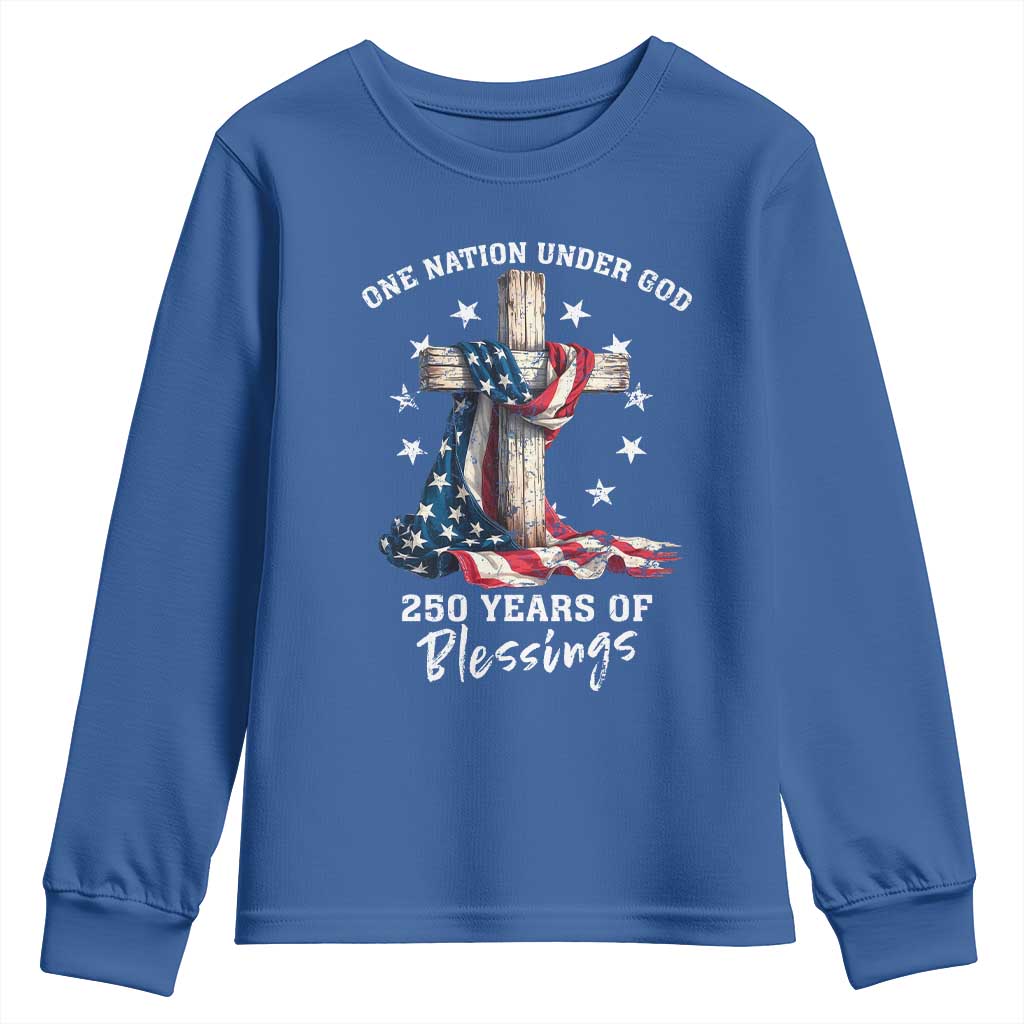 250th Anniversary USA Youth Sweatshirt One Nation Under God US 250 Flag Cross 4th Of July