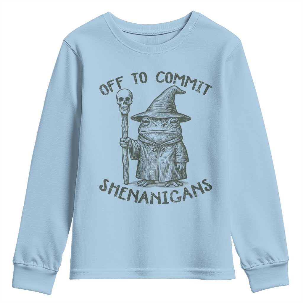 Wizard Frog Youth Sweatshirt Funny Off to Commit Shenanigans
