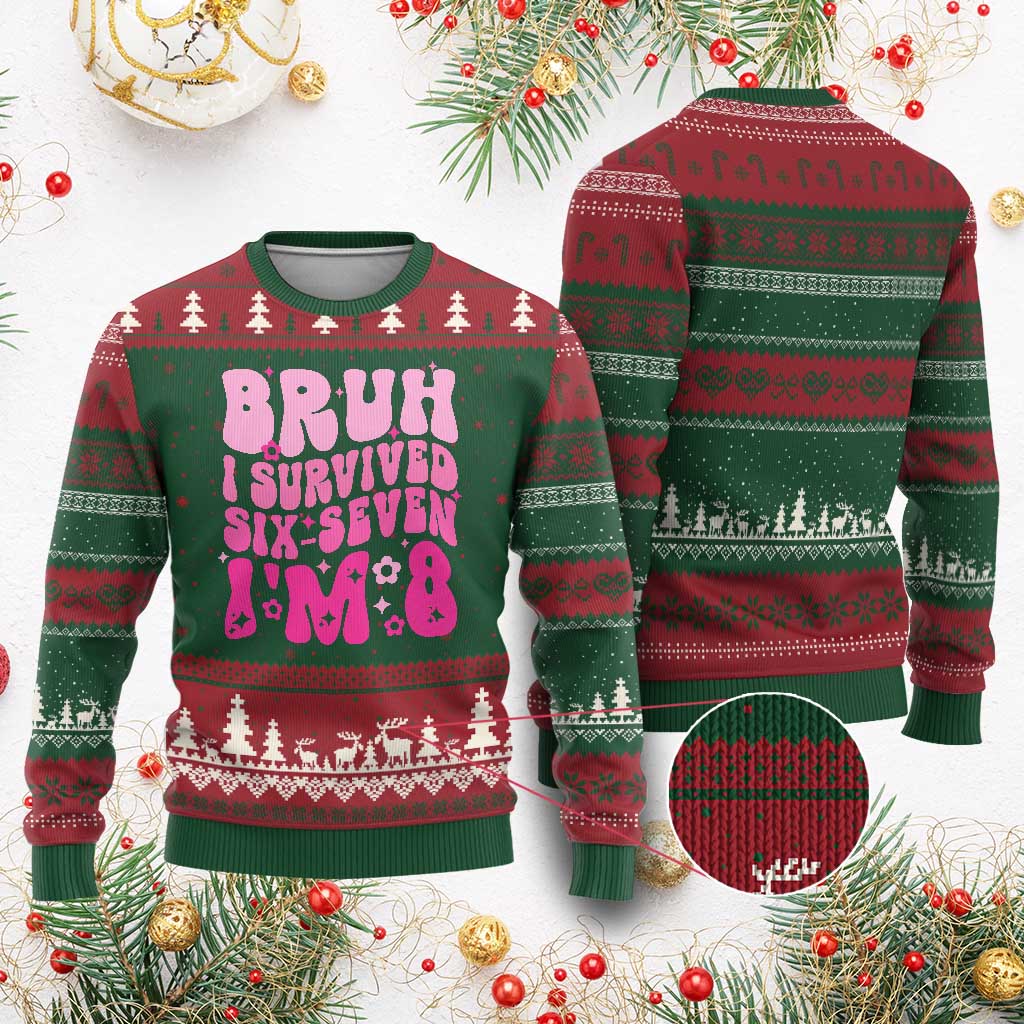 8th Birthday Girls Ugly Christmas Sweater Bruh I Survived 67 Im 8 Year Old Six Seven