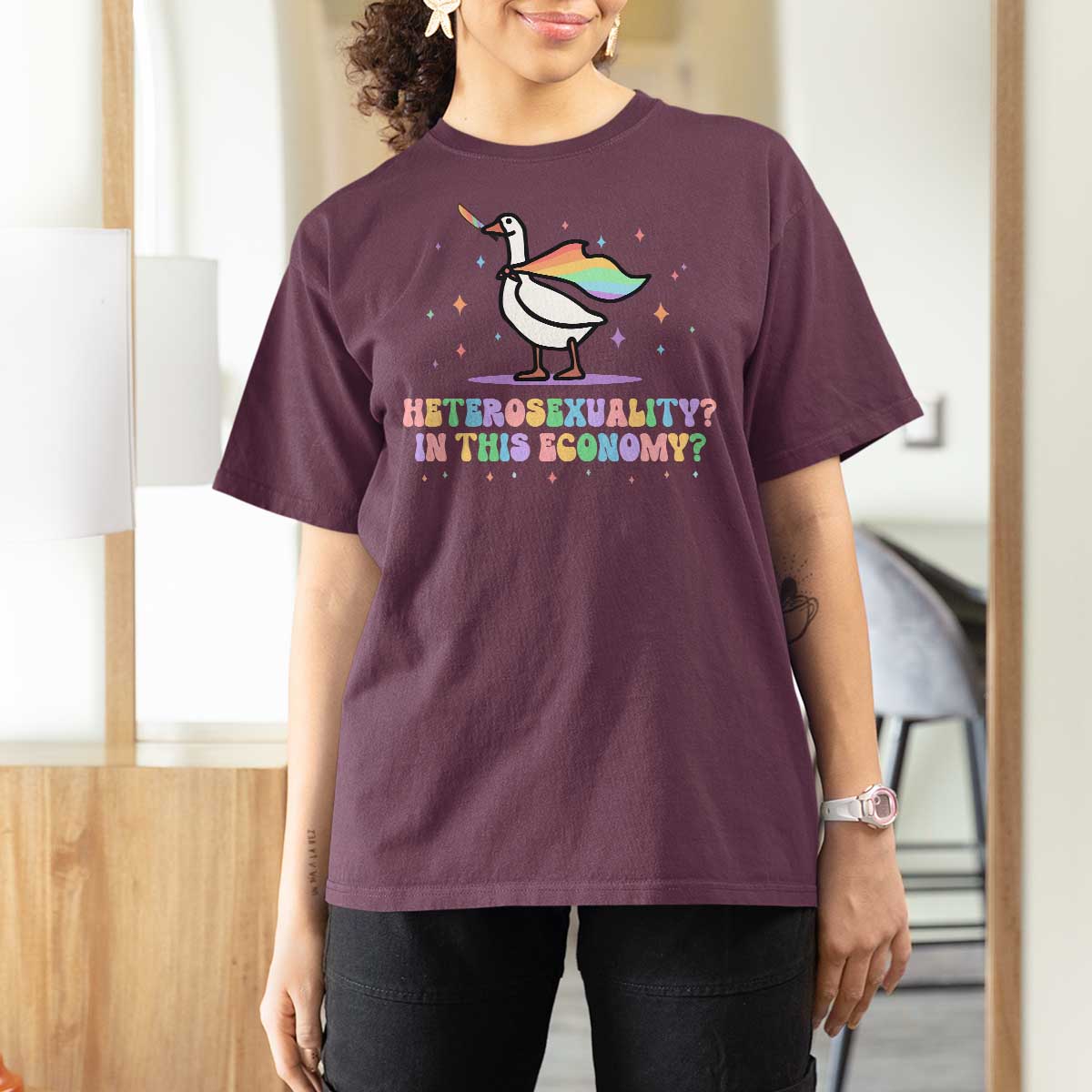 Rainbow Goose Heterosexuality in This Economy T Shirt For Women LGBTQ Lesbian Pride - Wonder Print Shop