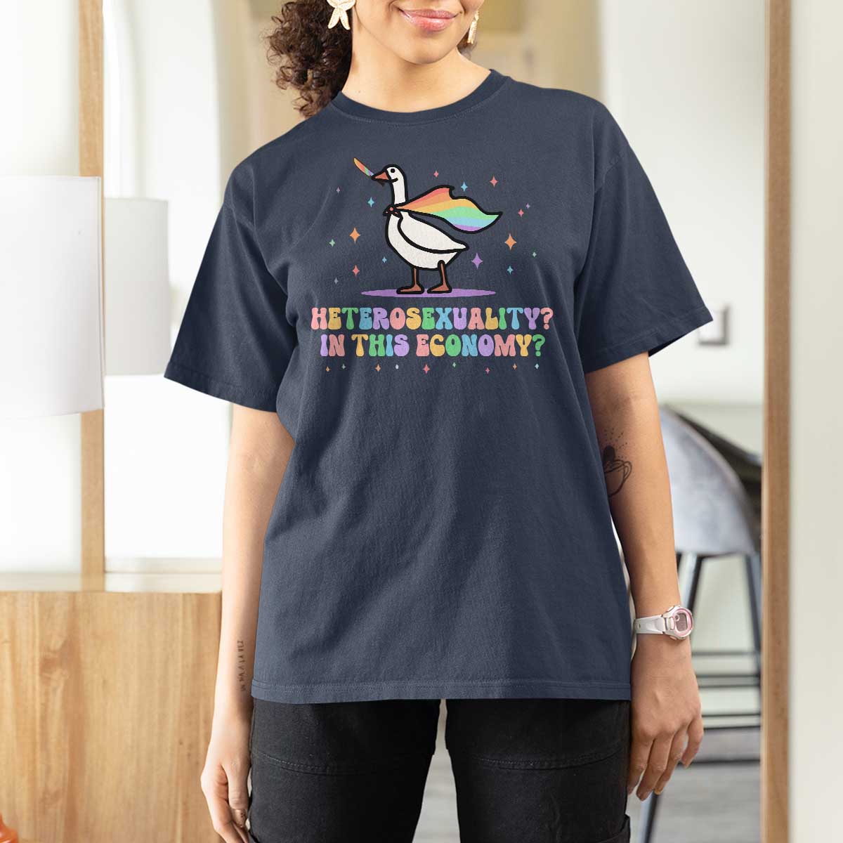 Rainbow Goose Heterosexuality in This Economy T Shirt For Women LGBTQ Lesbian Pride - Wonder Print Shop