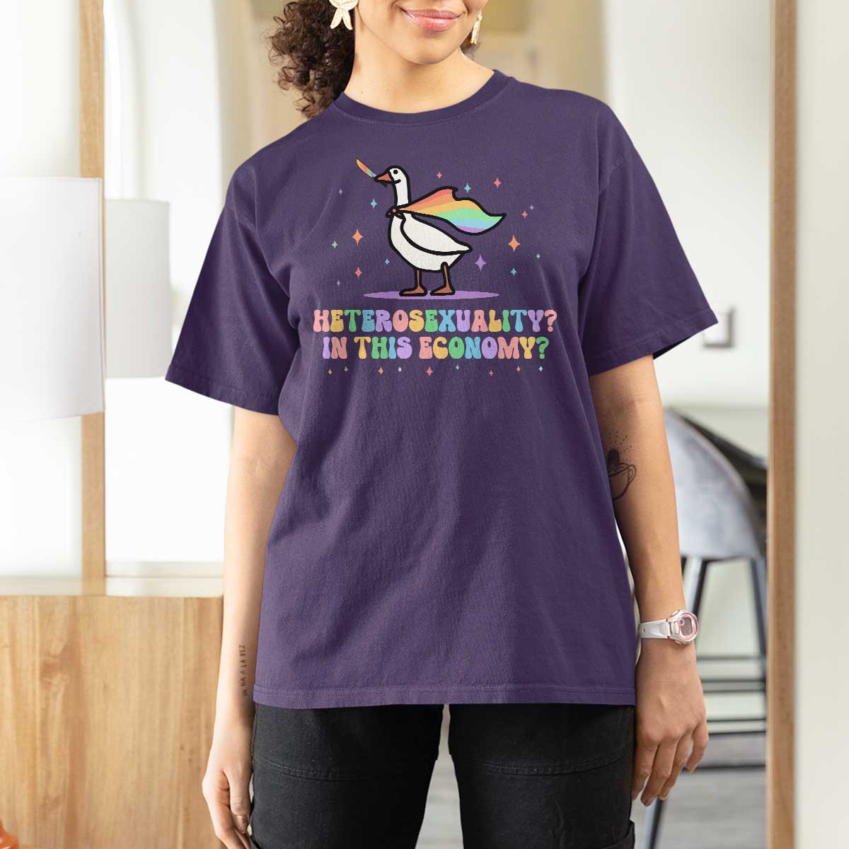 Rainbow Goose Heterosexuality in This Economy T Shirt For Women LGBTQ Lesbian Pride - Wonder Print Shop
