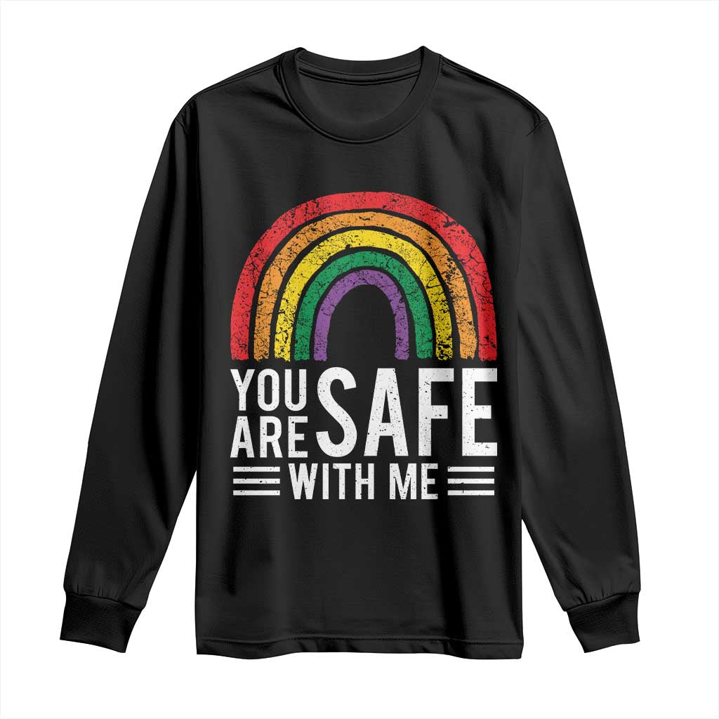 You Are Safe With Me Long Sleeve Shirt Retro Rainbow LGBTQ Ally Pride - Wonder Print Shop