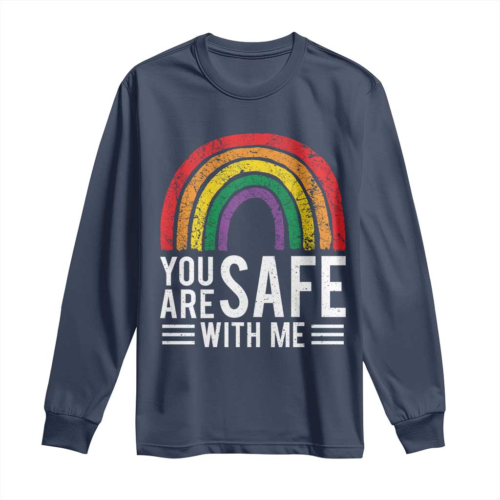 You Are Safe With Me Long Sleeve Shirt Retro Rainbow LGBTQ Ally Pride - Wonder Print Shop