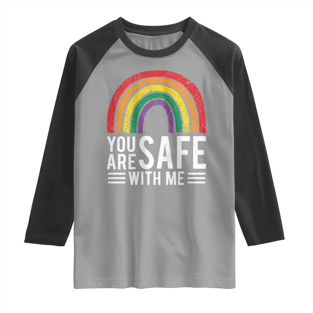 You Are Safe With Me Raglan Shirt Retro Rainbow LGBTQ Ally Pride - Wonder Print Shop