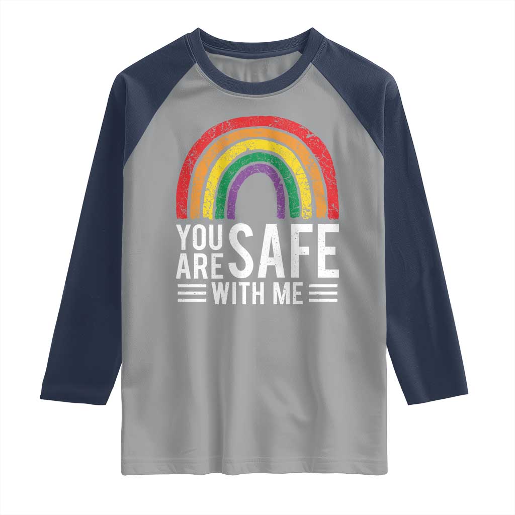 You Are Safe With Me Raglan Shirt Retro Rainbow LGBTQ Ally Pride - Wonder Print Shop