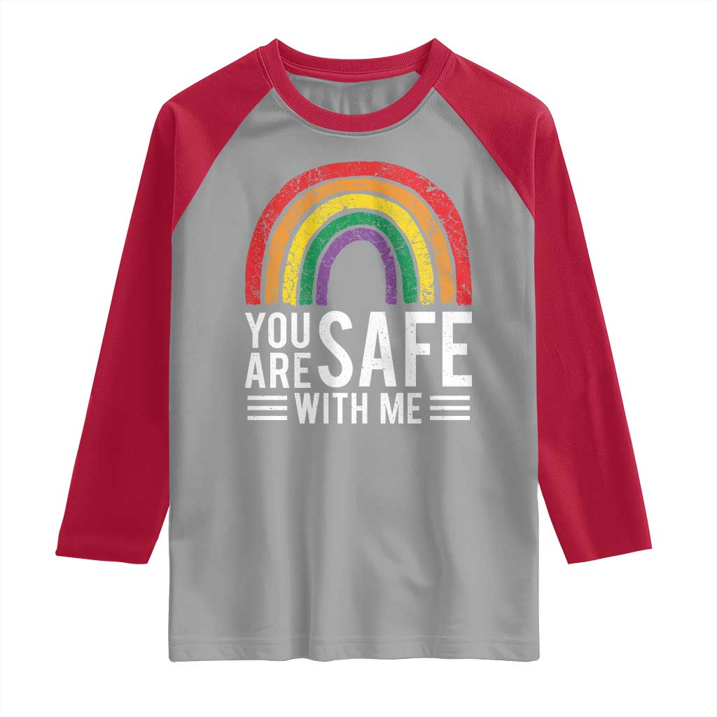 You Are Safe With Me Raglan Shirt Retro Rainbow LGBTQ Ally Pride - Wonder Print Shop