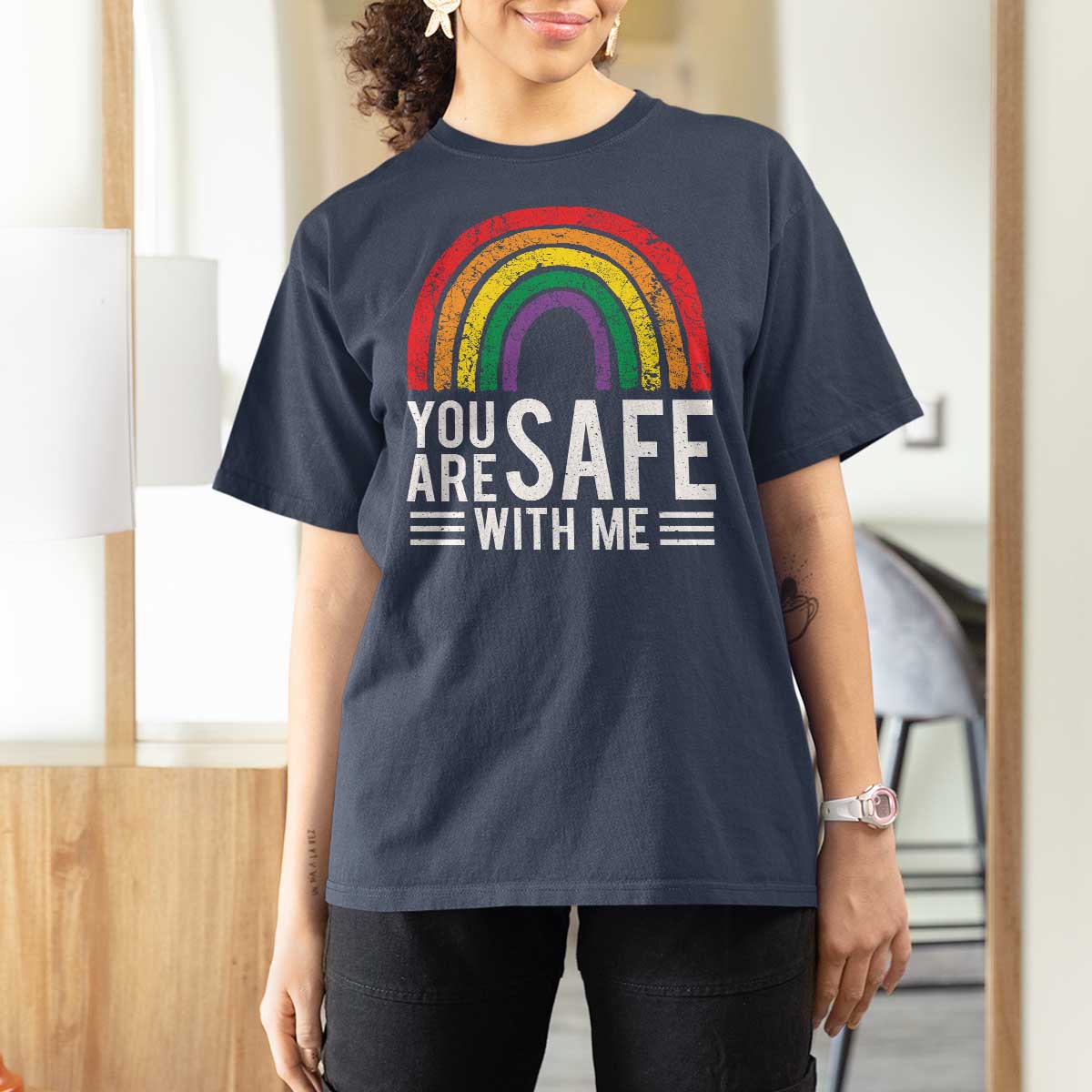 You Are Safe With Me T Shirt For Women Retro Rainbow LGBTQ Ally Pride - Wonder Print Shop