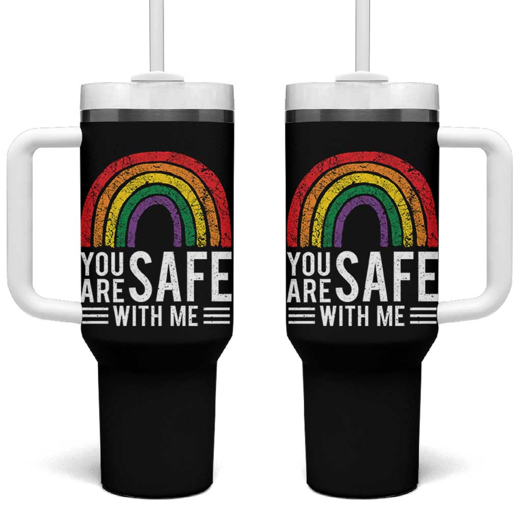 You Are Safe With Me Tumbler With Handle Retro Rainbow LGBTQ Ally Pride - Wonder Print Shop