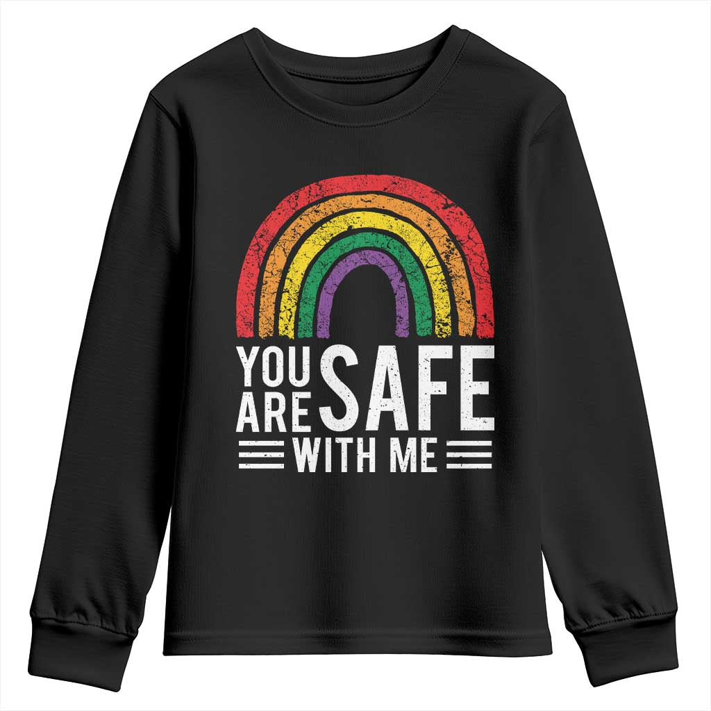 You Are Safe With Me Youth Sweatshirt Retro Rainbow LGBTQ Ally Pride - Wonder Print Shop