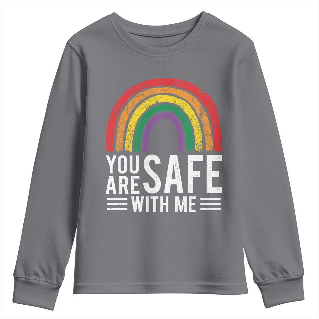 You Are Safe With Me Youth Sweatshirt Retro Rainbow LGBTQ Ally Pride - Wonder Print Shop