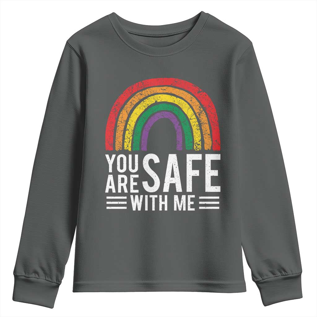 You Are Safe With Me Youth Sweatshirt Retro Rainbow LGBTQ Ally Pride - Wonder Print Shop