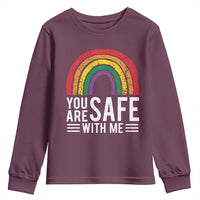 You Are Safe With Me Youth Sweatshirt Retro Rainbow LGBTQ Ally Pride - Wonder Print Shop