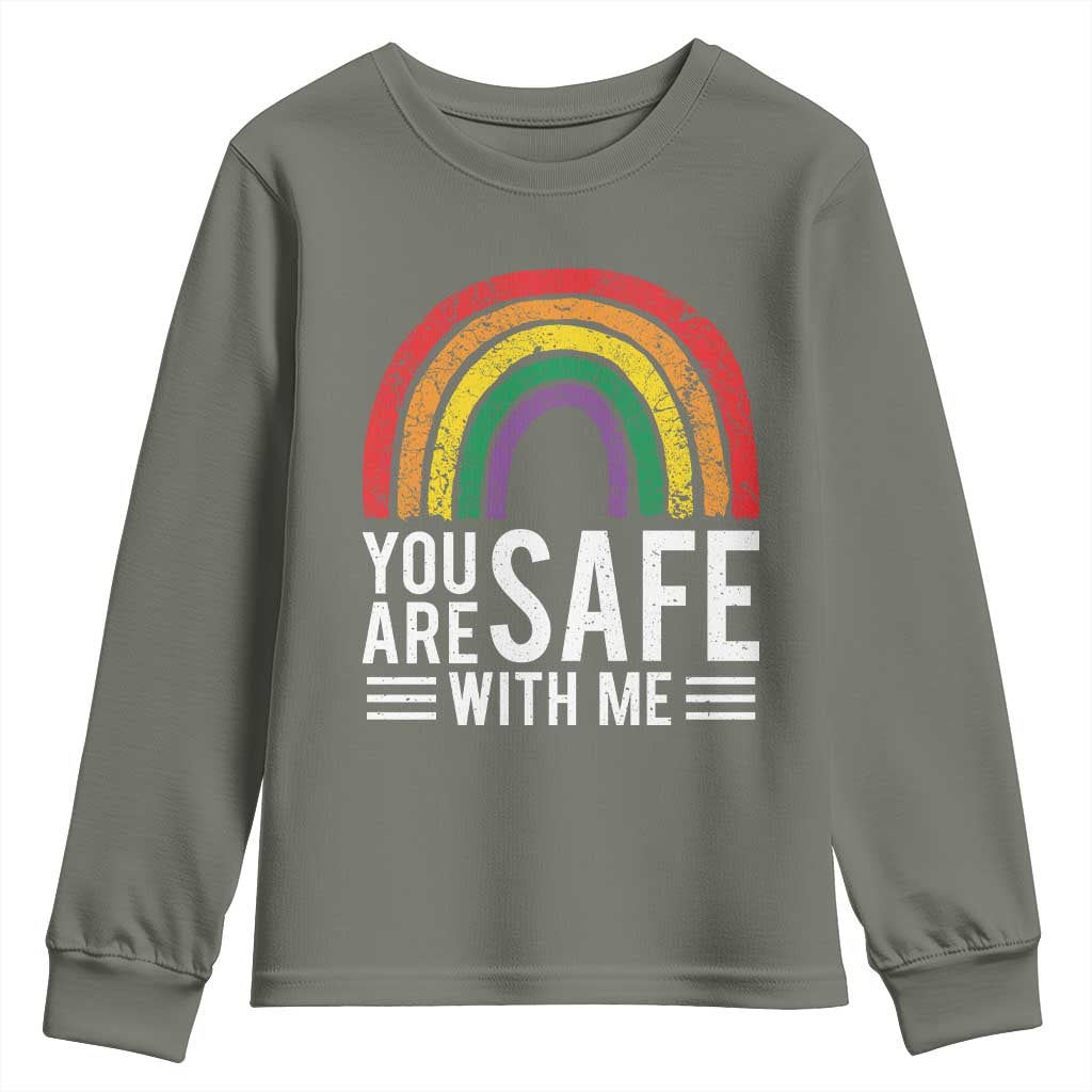 You Are Safe With Me Youth Sweatshirt Retro Rainbow LGBTQ Ally Pride - Wonder Print Shop