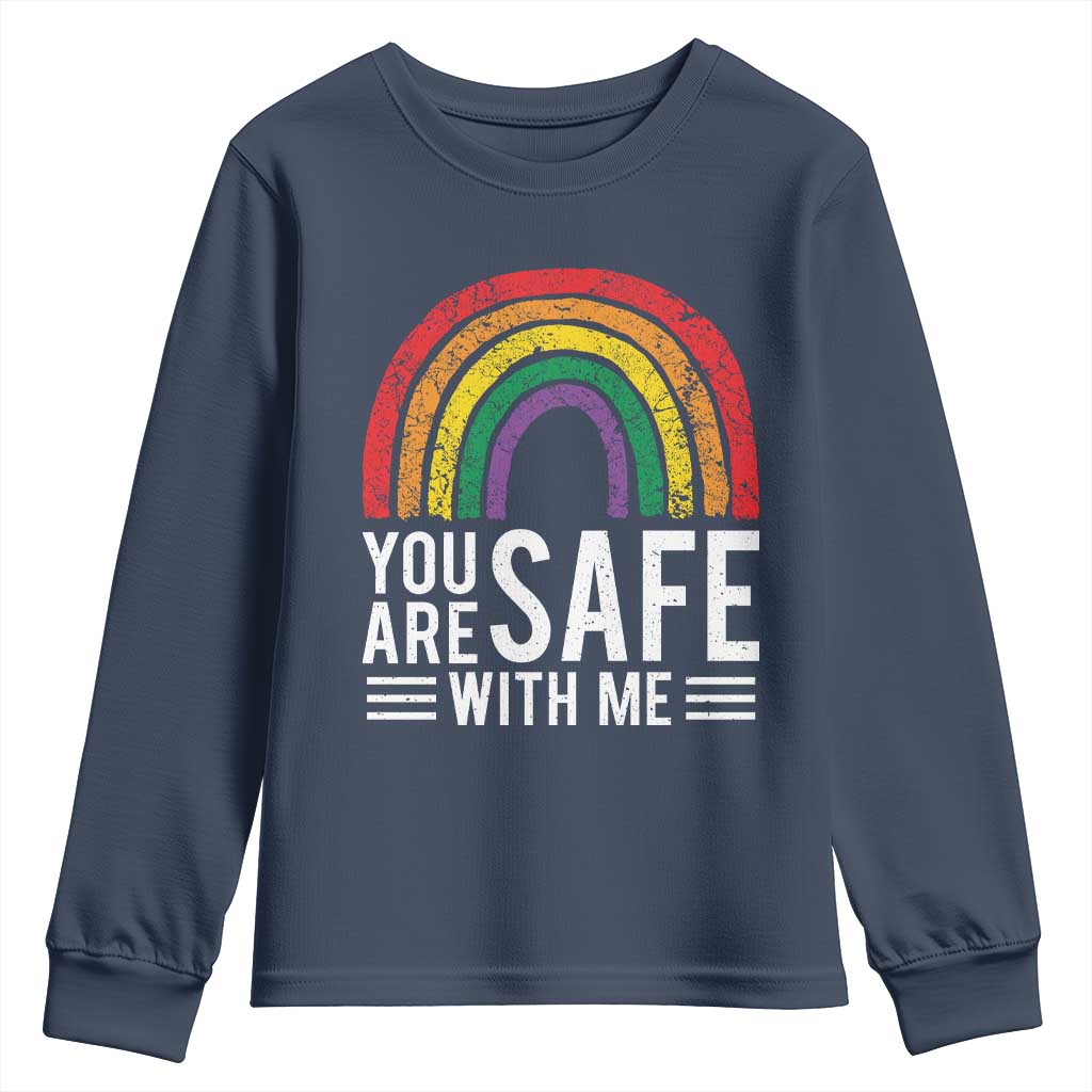 You Are Safe With Me Youth Sweatshirt Retro Rainbow LGBTQ Ally Pride - Wonder Print Shop