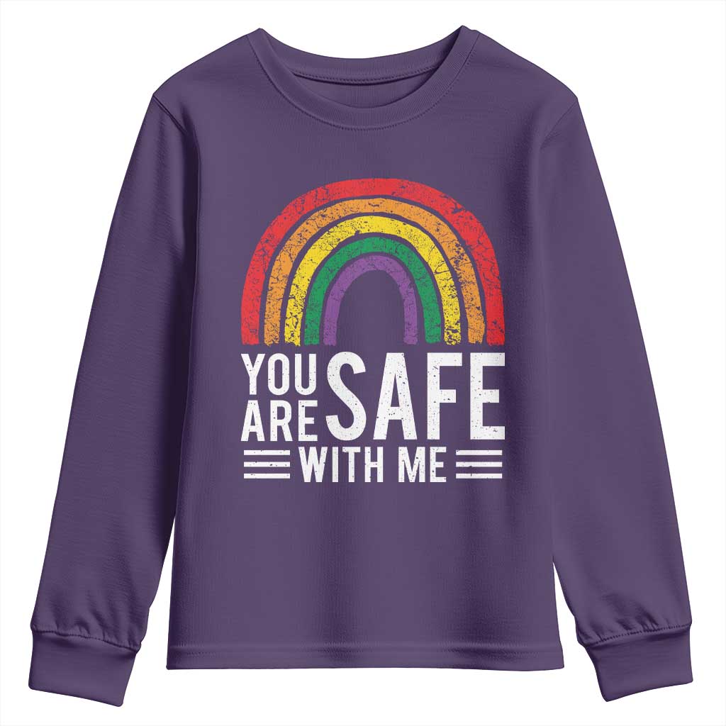 You Are Safe With Me Youth Sweatshirt Retro Rainbow LGBTQ Ally Pride - Wonder Print Shop