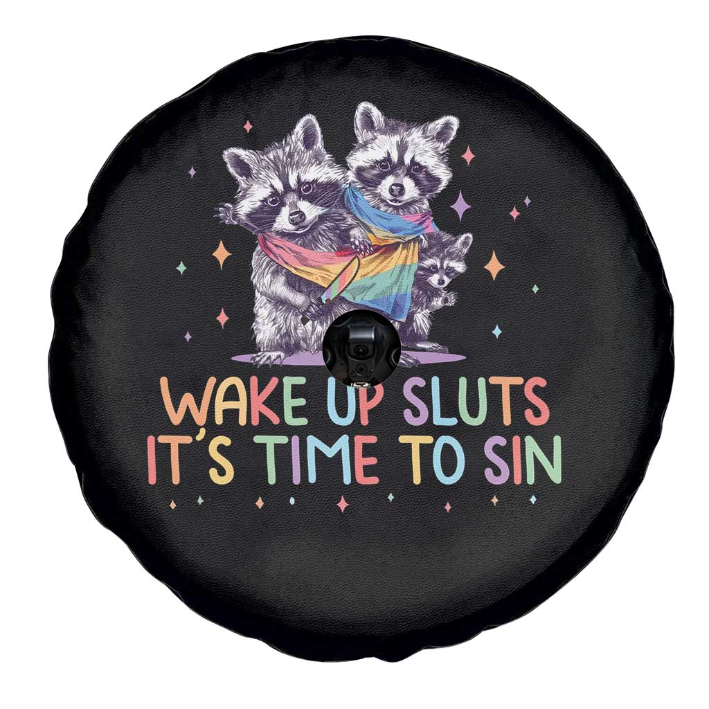 Funny Racoon Pride Spare Tire Cover Wake Up Sluts It Is Time To Sin LGBTQ Rainbow Flag - Wonder Print Shop
