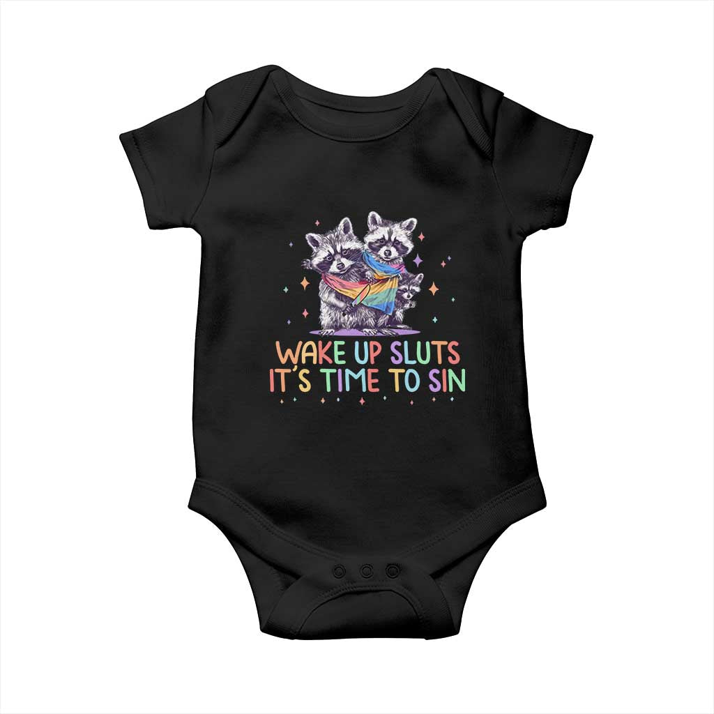Funny Racoon Pride Baby Onesie Wake Up Sluts It Is Time To Sin LGBTQ Rainbow Flag - Wonder Print Shop