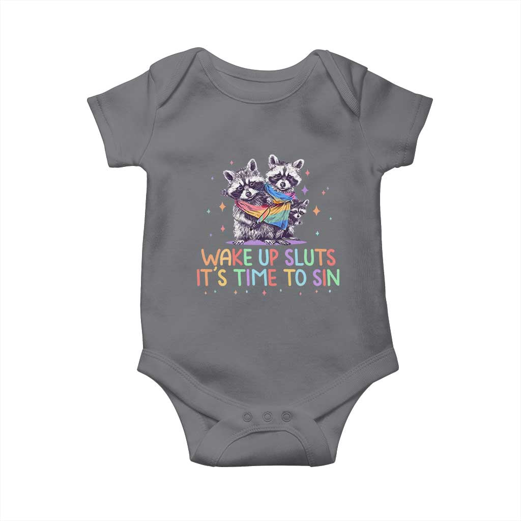 Funny Racoon Pride Baby Onesie Wake Up Sluts It Is Time To Sin LGBTQ Rainbow Flag - Wonder Print Shop