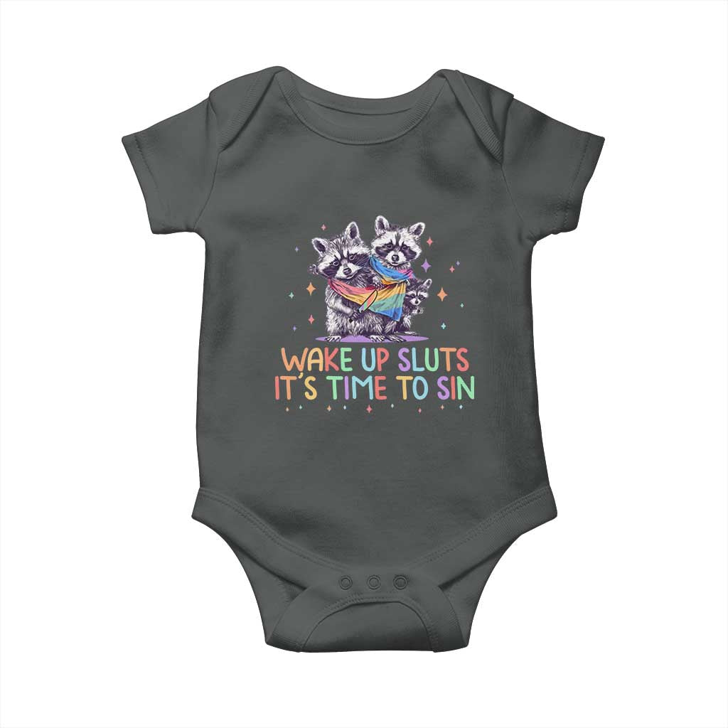 Funny Racoon Pride Baby Onesie Wake Up Sluts It Is Time To Sin LGBTQ Rainbow Flag - Wonder Print Shop