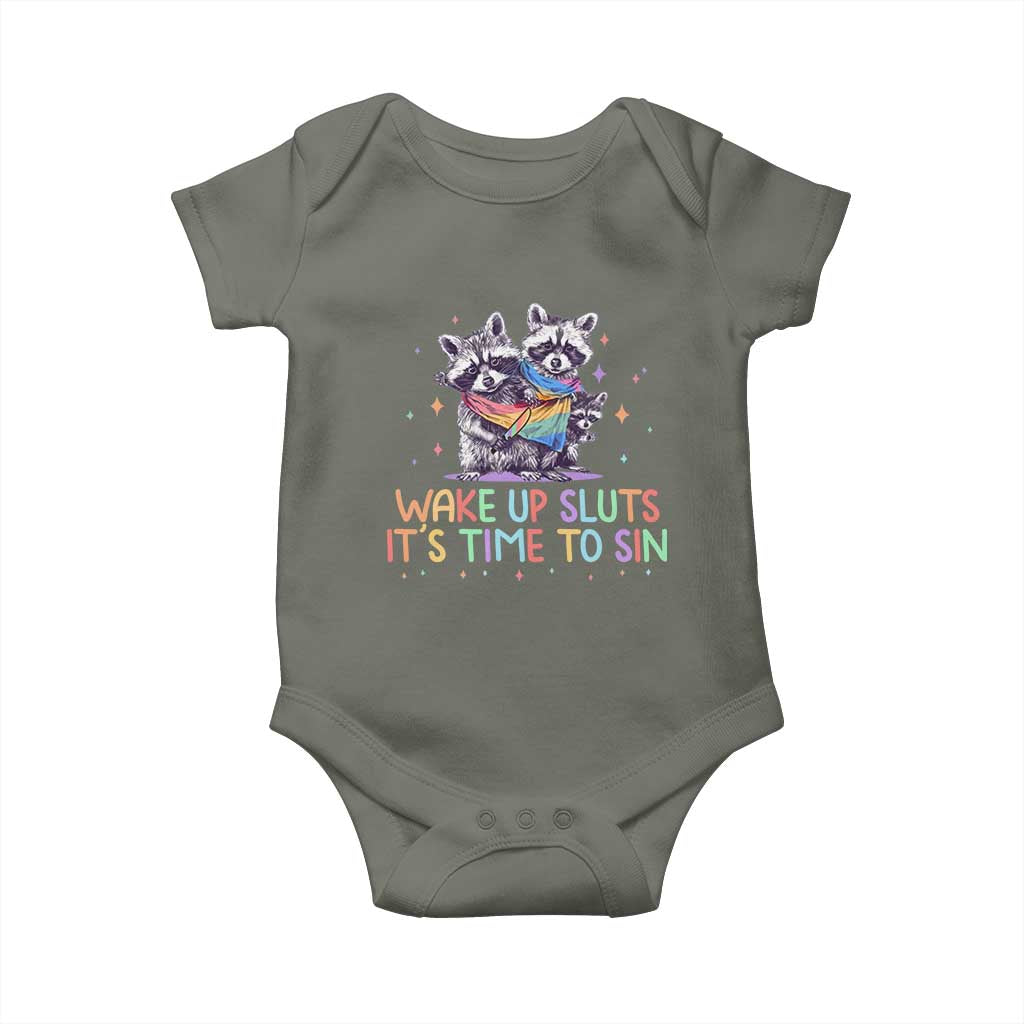 Funny Racoon Pride Baby Onesie Wake Up Sluts It Is Time To Sin LGBTQ Rainbow Flag - Wonder Print Shop