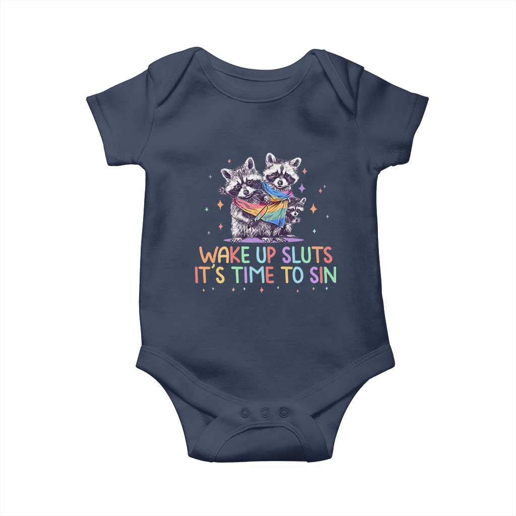 Funny Racoon Pride Baby Onesie Wake Up Sluts It Is Time To Sin LGBTQ Rainbow Flag - Wonder Print Shop
