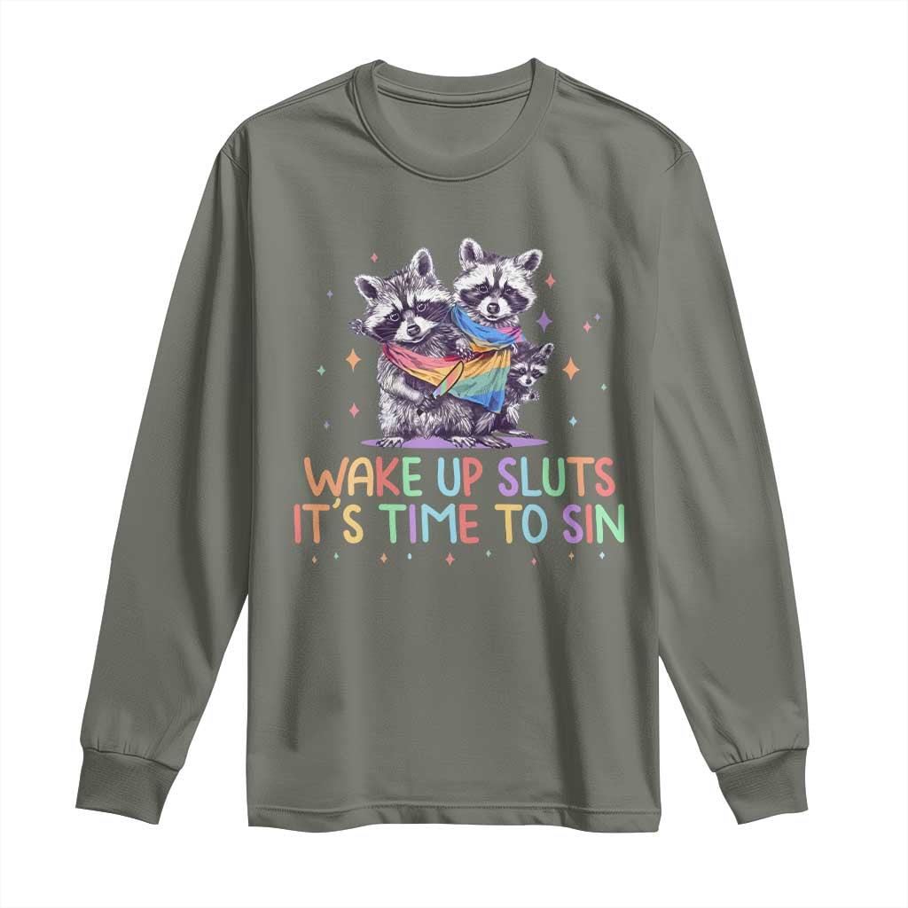 Funny Racoon Pride Long Sleeve Shirt Wake Up Sluts It Is Time To Sin LGBTQ Rainbow Flag - Wonder Print Shop